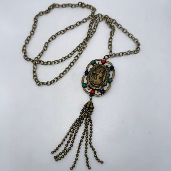 Antique Art Deco 1920s brass multicolor glass cameo tassel pendant necklace - Picture 4 of 10